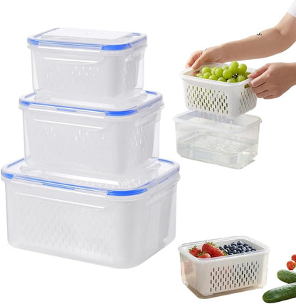 Skiennix 4-in-1 Large Fruit Storage Container - Leakproof Produce Keeper with Removable Colander | BPA-Free & Microwave Safe (Blue, S)