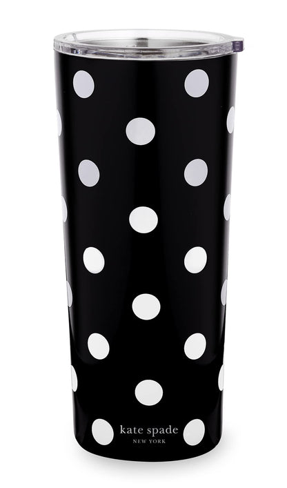 kate spade new york Cute Stainless Steel Mug, 24 Ounce Travel Tumbler, Double Wall Insulated Cup with Lid, Picture Dot (Black/White)