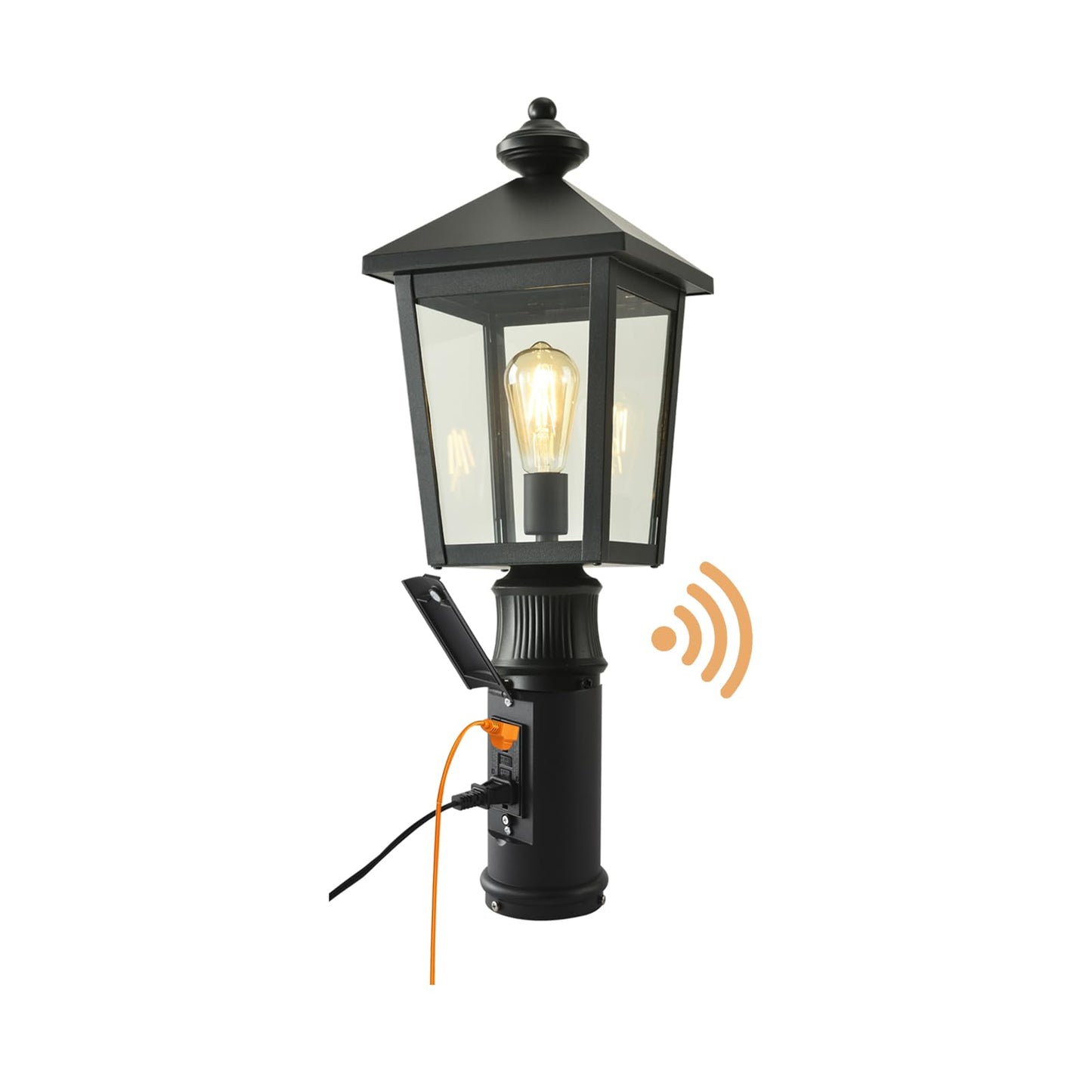 Outdoor Post Light with GFCI Outlet, Dusk to Dawn Aluminum Pole Lantern with Built-In Weatherproof Socket, IP65 Waterproof Post Light Fixture with Clear Glass Shade, Black for Yard Pathway Garden