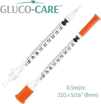 GLUCO-CARE 31G x 5/16’’ Syringes - 0.5 ml/cc, 100 Count for Precise Insulin Delivery