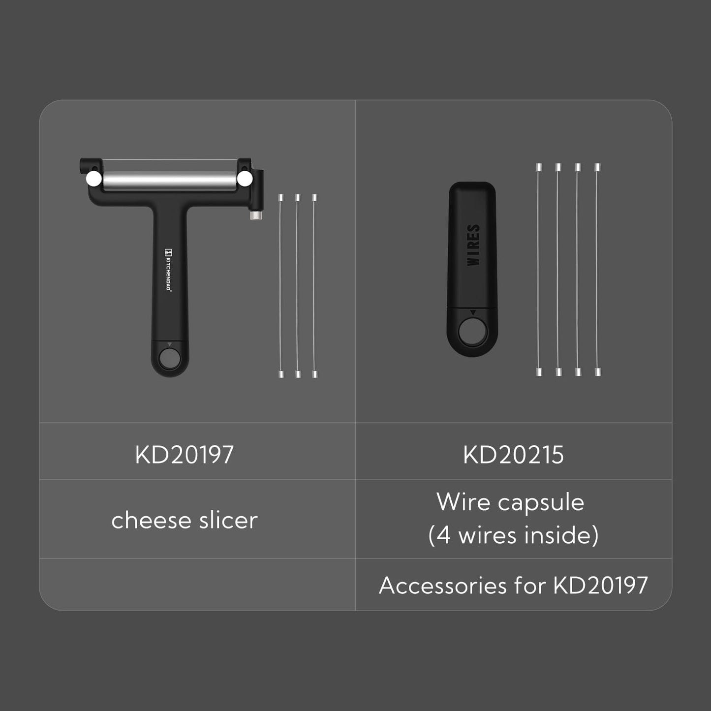 KITCHENDAO Adjustable Wire Cheese Slicer Cutter, 50% Stronger Wires with 2nd Gen Wire Fixing Mechanism, Adjustable Hand-Held Wire Cheese Cutter, Quick Replacement, Dishwasher Safe, with 3 Extra Wires