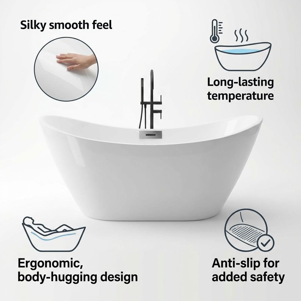 Garvee 67" Acrylic Freestanding Bathtub, Modern Deep Soaking Tub, cUPC Certified Free Standing Tub, Chrome Drain/Overflow, White Acrylic, Sky White