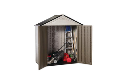 Rubbermaid Resin Outdoor Storage Shed With Floor (7 x 3.5 Ft.) Weather Resistant Brown/Grey Organization for Home/Lawn Mower/Backyard Equipment/Bike Storage/Pool Supplies