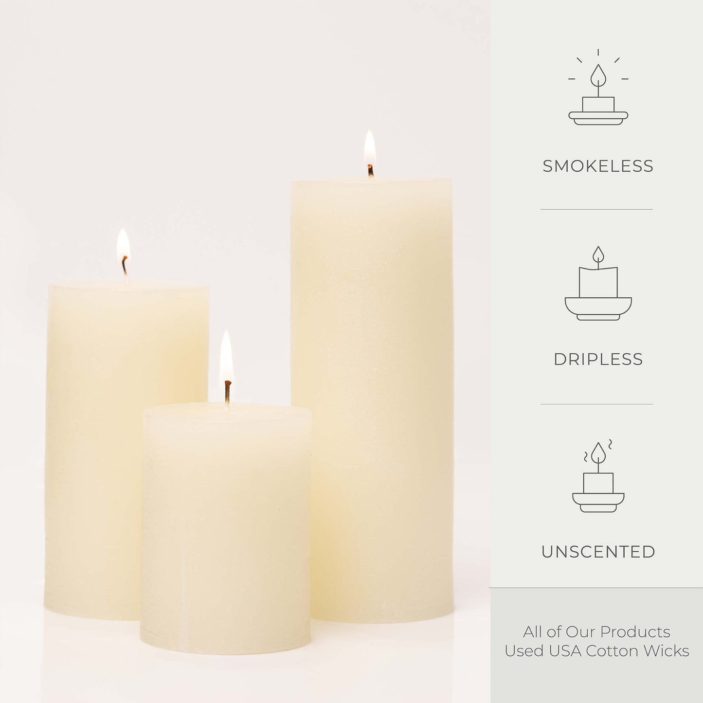 BASK Mottled Pillar Candles - Unscented Ivory Pillar Candles Set of 3 - Dripless, Smokeless for All Occasions
