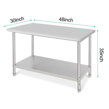 48x30 Inch Stainless Steel Prep Table, Heavy-Duty Commercial Work Table with Adjustable Undershelf for Restaurant, Kitchen & Home Use