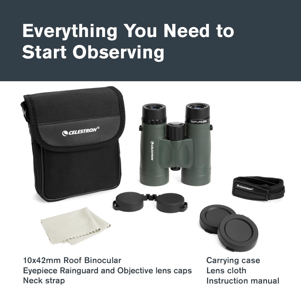 Celestron - Nature DX 10x42 Binoculars – Ideal for Birding and Outdoors – 42mm Objective Lenses – 5.8° Field of View – BaK-4 Prisms – Fully Multi-Coated – Waterproof and Fogproof