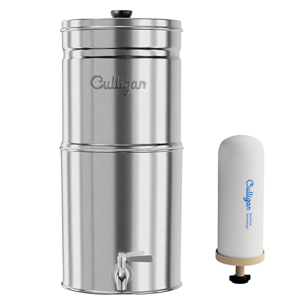 Culligan MaxClear 2.25 Gallon Gravity Water Filter System, Polished Stainless-Steel Countertop Water Filter NSF/ANSI Certified to Reduce Microplastics, Lead & Total PFAS, with 1 Ceramic Filter