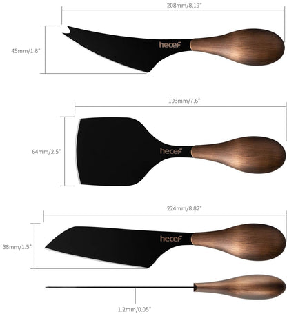 hecef Cheese Knife Set of 3, Bronze Grain Multipurpose Retro Cheese Knives, Set includes Pronged, Hard Cheese & Chisel Knife, Black