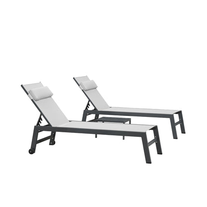 PURPLE LEAF Outdoor Lounge Chair Set of 3 Patio Chaise Pool Lounger Aluminum Frame with Side Table and Wheels for Outside Sunbathing Tanning Recliner Including Pillows White