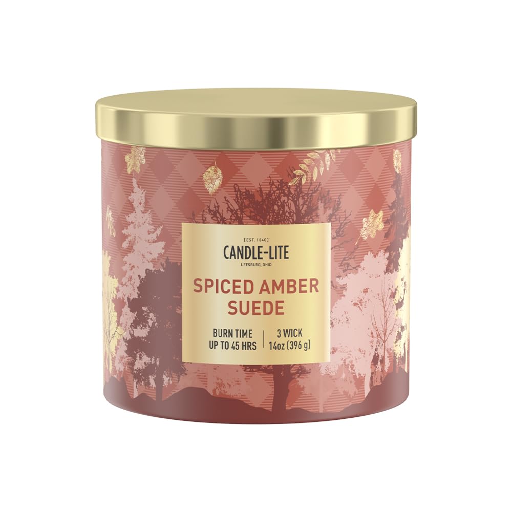 Candle-lite Fall Scented Candles, Amber with Leathered Musk and Spiced Cardamom, 14 oz 3-Wick Jar Candle, Proudly Poured in USA, Autumn Home Decor, 45 Hours of Burn Time, Ideal Gift for Men and Women