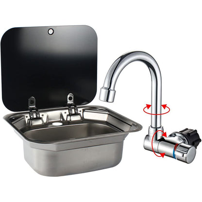 E EZEXPREZE RV Sink Stainless Steel Kitchen Hand Wash Basin Sink with Folded Faucet Tempered Glass Lid Washbasin for Camper Trailer Caravan (Sink with Faucet U)