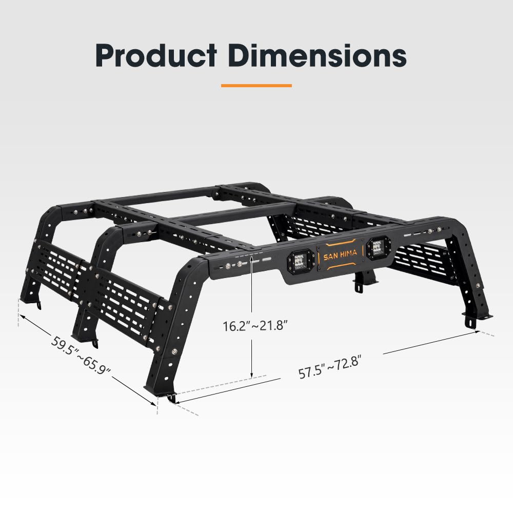 SanHima Adjustable Truck Bed Rack w/LED Lights - Overland Universal Bed Rack for Full-Size Trucks Without Factory Bed Rails/Tonneau Bed Cover