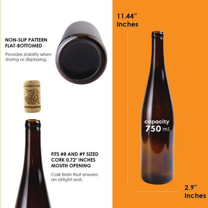 FastRack 750ml Amber Glass Wine Bottles (Pack of 12) | W13 Stretch Hock Empty Bottles for Homemade Wine, Kombucha & Beer – Amber Liquor Bottles for Wine Making & Storage – No Corks Included