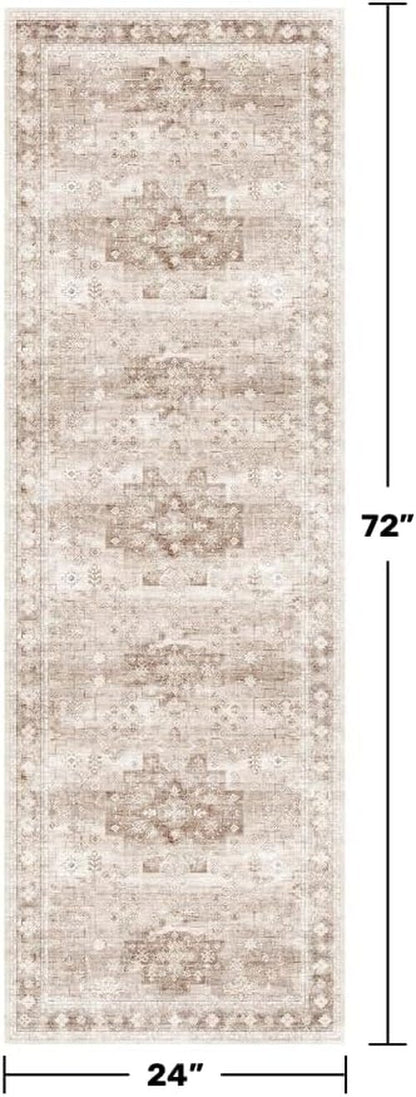 Hazo Haus Boho Bathroom Runner Rug - Washable Non-Slip Design | Soft Stain-Resistant 24" x 72" Beige Floral Decor
