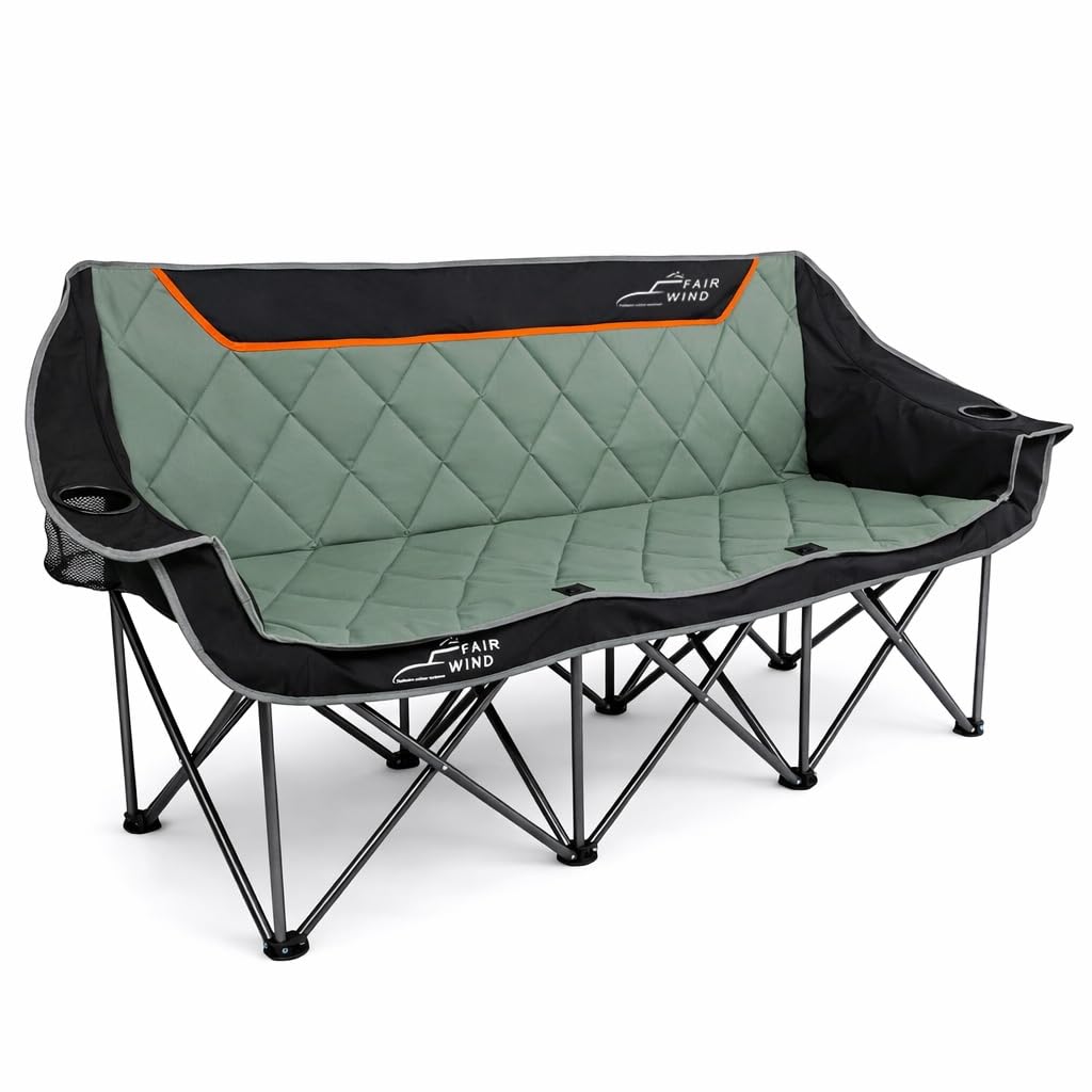 FAIR WIND Oversized 3 Person Camping Chair Padded Triple Loveseat Folding Camping Couch Duo Chair Heavy Duty Quad Fold Arm Chair with Cup Hold - Supports 900 LBS Black