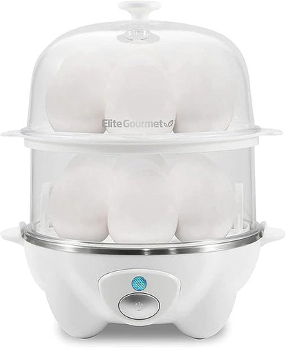 Elite Gourmet 2-Tiered Egg Cooker - Poach 5 Eggs & Make Omelets | Auto Shut-Off, BPA Free, White