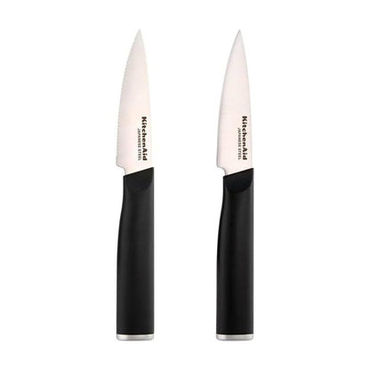 KitchenAid Classic Paring Knife Set, Japanese Steel, Includes 3.5-Inch Serrated and Straight-Edge Knives with Custom-FIt Blade Covers, 2 Piece, Black Handles