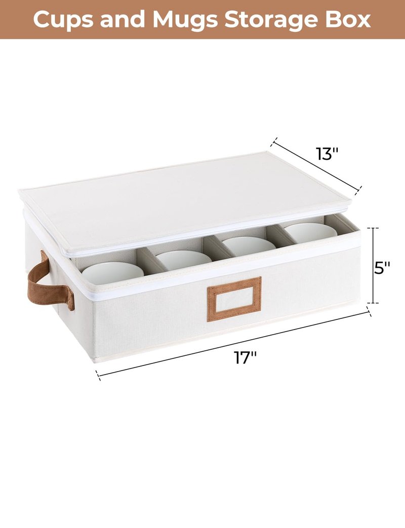 StorageWorks China Storage Container, Stackable Mug Storage Box with Dividers, Stemware Storage Cases, Hard Shell China Cup Organizer, Holds 12 Tea Cups and Coffee Mug, 1 Pack, Beige