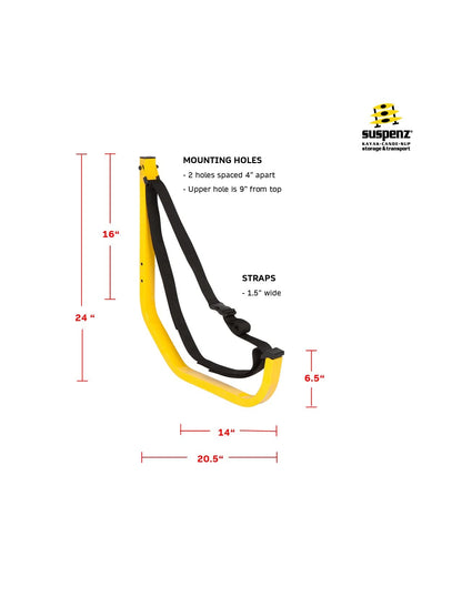 Suspenz Kayak Canoe SUP Storage Hanger for Garage Wall, Indoor Outdoor, Jay Rack Hook, Holds up to 125 lbs, Yellow, (11-0001)