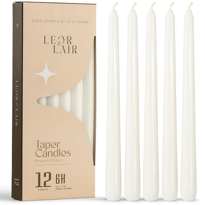 Leor & Lair White Taper Candles - 12 Pack 10" White Candlesticks - Unscented Long Burning Candle Sticks for Home Decoration, Holidays, Weddings, Religious, Restaurants & Events