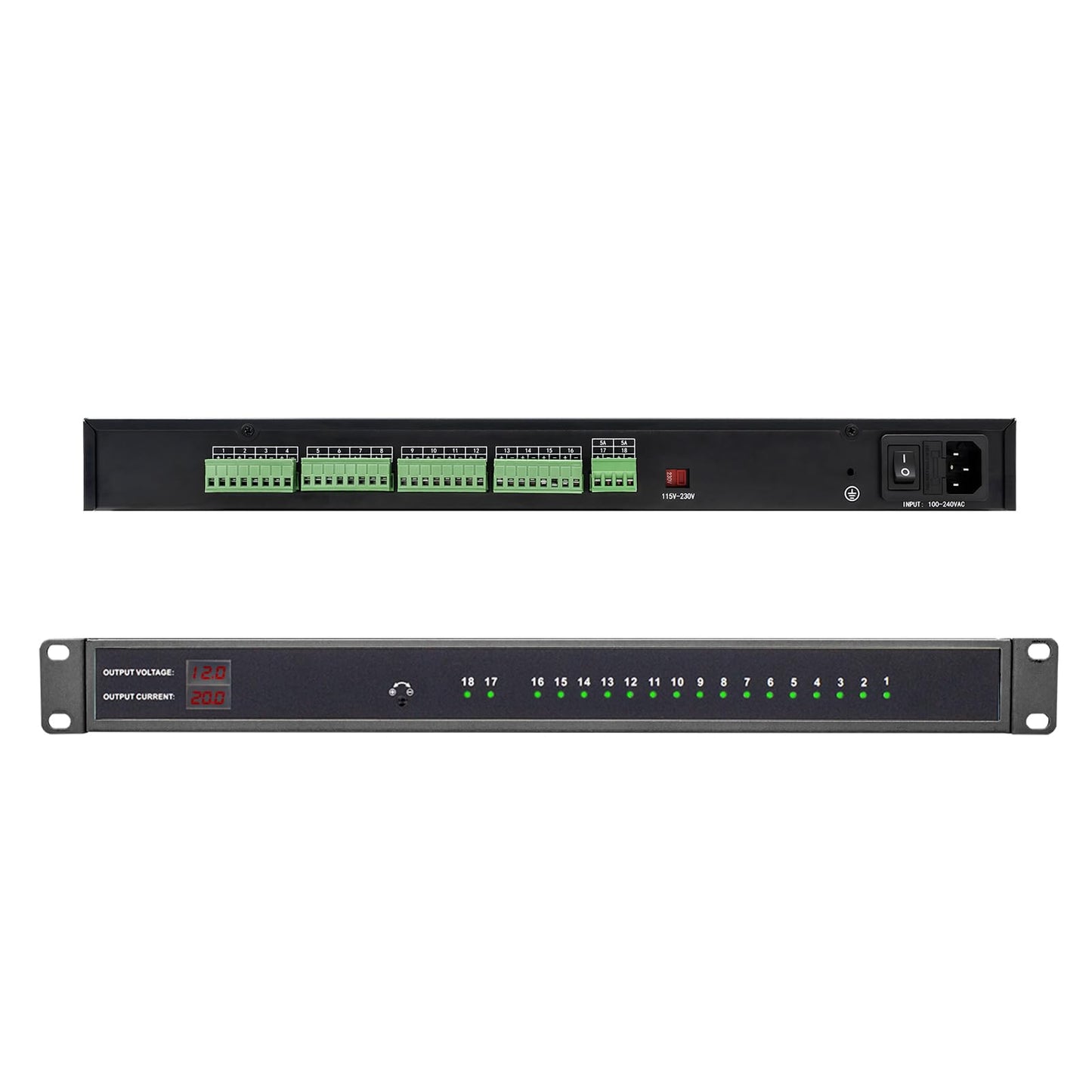 1U 12V 20A 18-Channel Rack Mount Power Supply – 12V 3-5A Distributed DC Output with Reset Fuse, 4 ft Replaceable AC Cord. Ideal for Security Cameras, DVRs, CCTV Systems, by UltraPoE