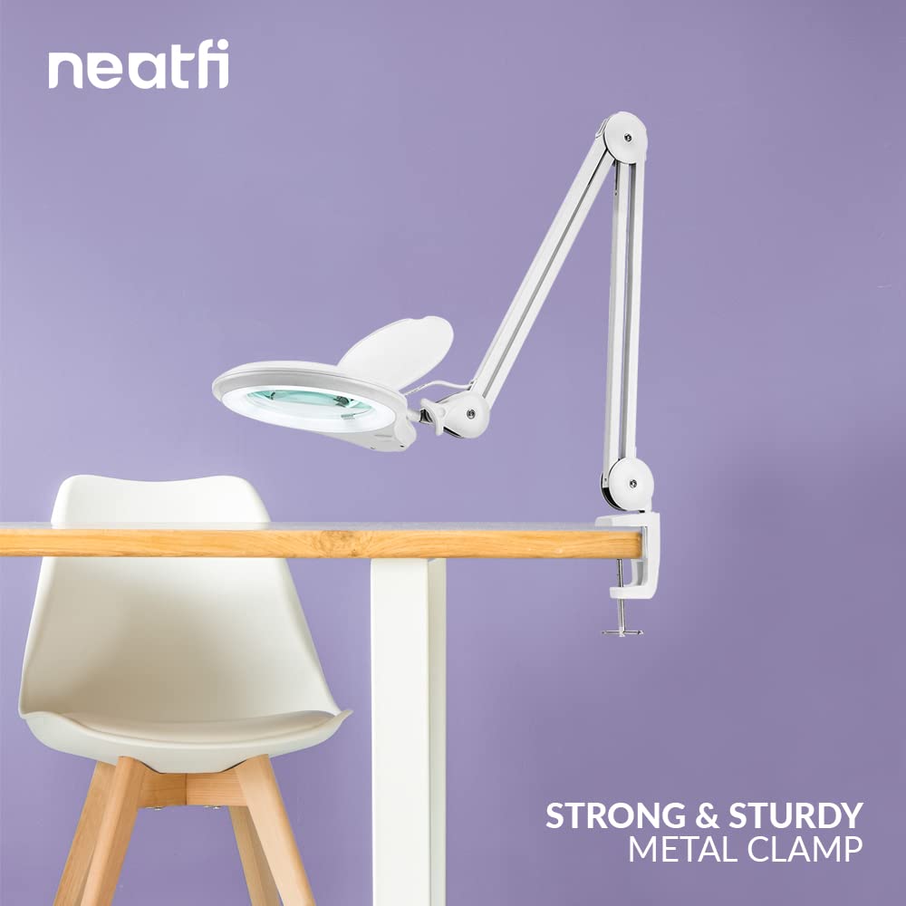 Neatfi LED Bifocal Magnifying Lamp 1,200 Lumens – 5” Glass Lens, Dual Magnification 2.25X/6X, Dimmable | Adjustable Arm with Clamp | Crafting, Jewelry & Reading (5 Diopter + 20 Diopter, White)