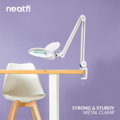Neatfi LED Bifocal Magnifying Lamp 1,200 Lumens – 5” Glass Lens, Dual Magnification 2.25X/6X, Dimmable | Adjustable Arm with Clamp | Crafting, Jewelry & Reading (5 Diopter + 20 Diopter, White)