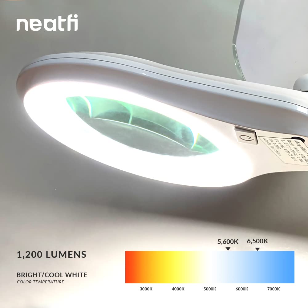 Neatfi LED Bifocal Magnifying Lamp 1,200 Lumens – 5” Glass Lens, Dual Magnification 2.25X/6X, Dimmable | Adjustable Arm with Clamp | Crafting, Jewelry & Reading (5 Diopter + 20 Diopter, White)