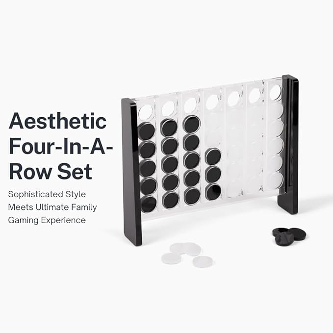 Unique Four in a Row - Acrylic 4 in a Row Game - Board Game Decor - Coffee Table Games - 2 Player Board Games for Family - Connect The Four Pieces Game - Classic Strategy Family Game (Black and White)