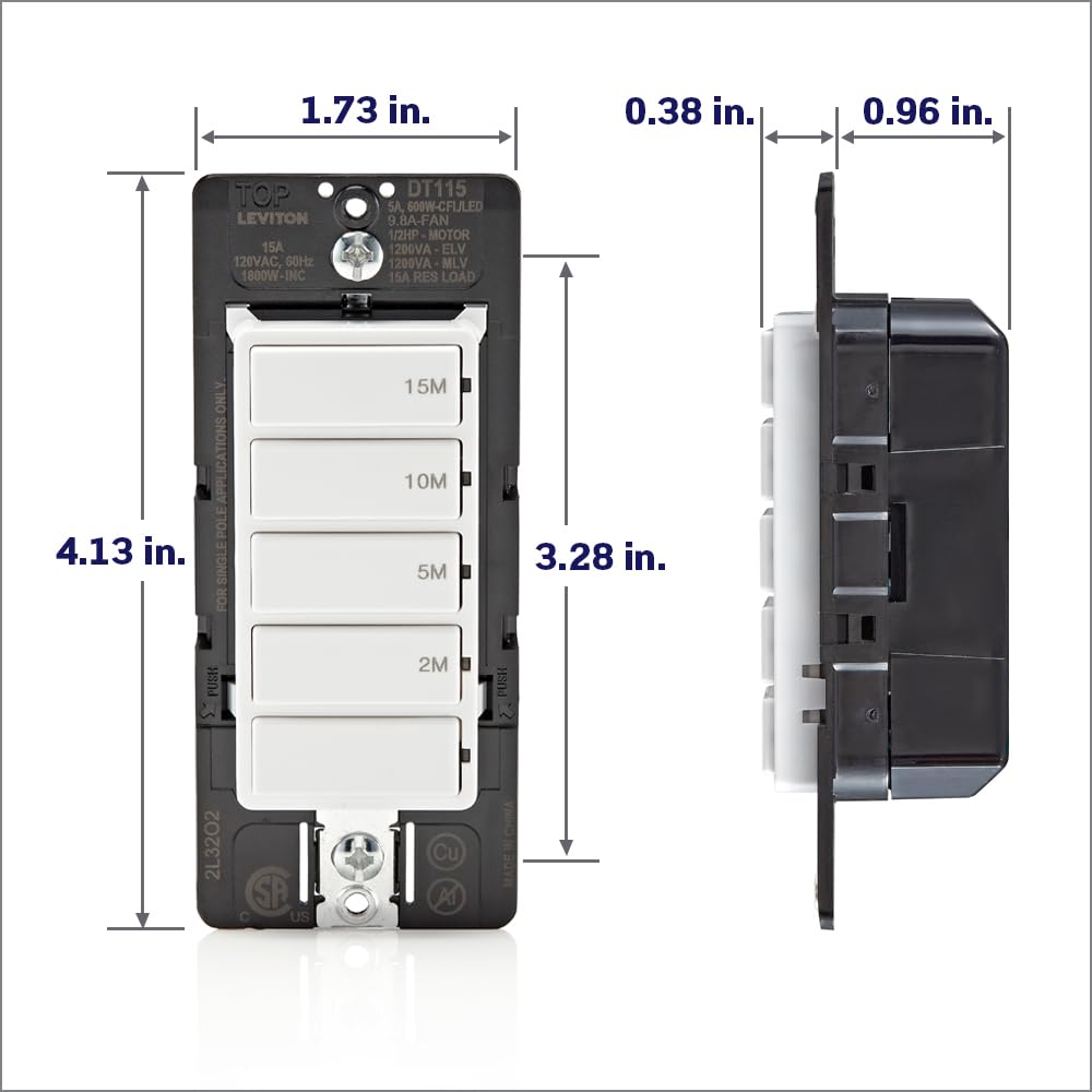 Leviton Countdown Timer Switch for bathroom fan and household lights, 5-10-15-30 min, No Neutral Required, Single Pole, 15A, 1/2 HP/9.8A Fan/Motor, DT130-1LW, White