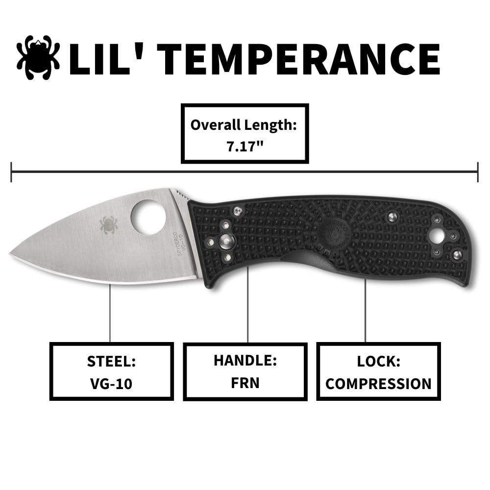 Spyderco Lil' Temperance 3 Lightweight Folding Pocket Knife with 2.9" VG-10 Steel Blade and FRN Handle - EDC Knife for Men and Women, Perfect for Hunting, Tactical, Camping - PlainEdge - C69PBK3