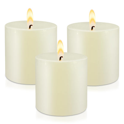 3" x 3" Hand-Poured Unscented Ivory Candle, Dripless Pillar Candle Set of 3, Long Clean Burning, Approx 40 Hours Burn Time, Rustic Country Style, Christmas, Wedding, Dinner and Home Decor