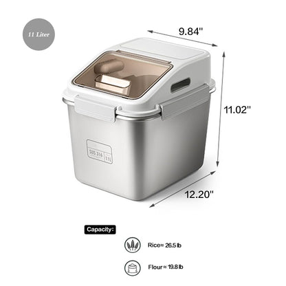 Premium 316 Stainless Steel Airtight Rice Storage Container, Modern Kitchen Organizer,grain bin, 27lb/11L Locking Lid Bin with Silicone Seal -Rice, Flour, Beans & Pet Food Dispenser (Matte Silver)