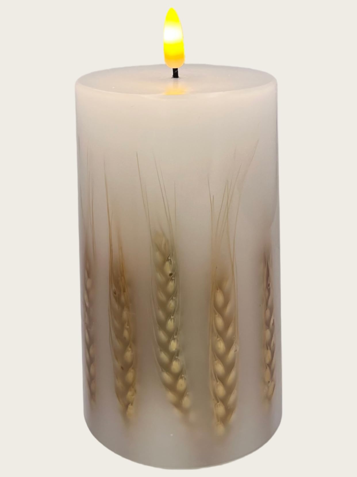 Remineux Flameless LED Candle with Embedded Natural Wheat, Battery-Operated Real Wax Pillar Candle, Flickering Flame Effect, Remote Control, Rustic Farmhouse Decor, Unscented, White (3.25 * 6in)