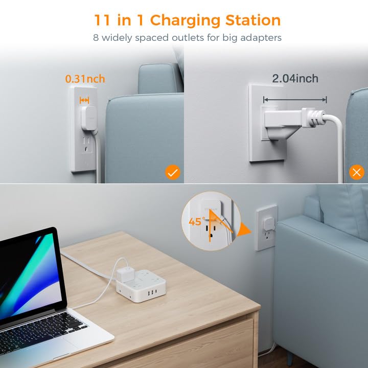 TESSAN Surge Protector Power Strip, 5 Ft Flat Plug Extension Cord with 3 USB (1 USB C) 8 Outlets, 900J Surge Protection, 3 Sided Outlet Extender with Power Switch for Office, Dorm Room Essentials