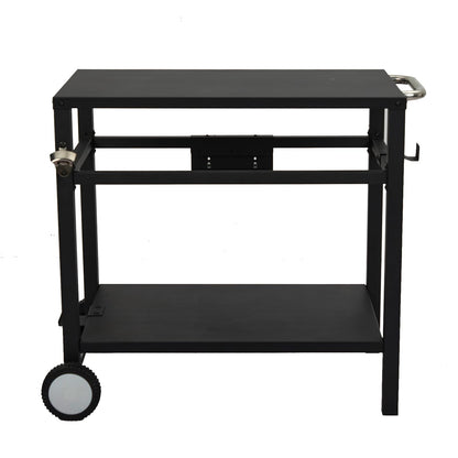 Outdoor Grill Cart - Portable Barbecue Table with Rolling Wheels, Hooks, Double Shelves, Removable Steel Flat Top Work Surface, Side Handles, Multifunctional Commercial Design