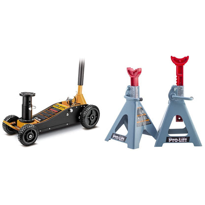 Cat 3 Ton Big Wheel Off Road Hybrid Jack, Vehicle Lift for Trucks & Pro-Lift Heavy Duty 6 Ton Jack Stands Pair - Double Locking Pins - Handle Lock and Mobility Pin