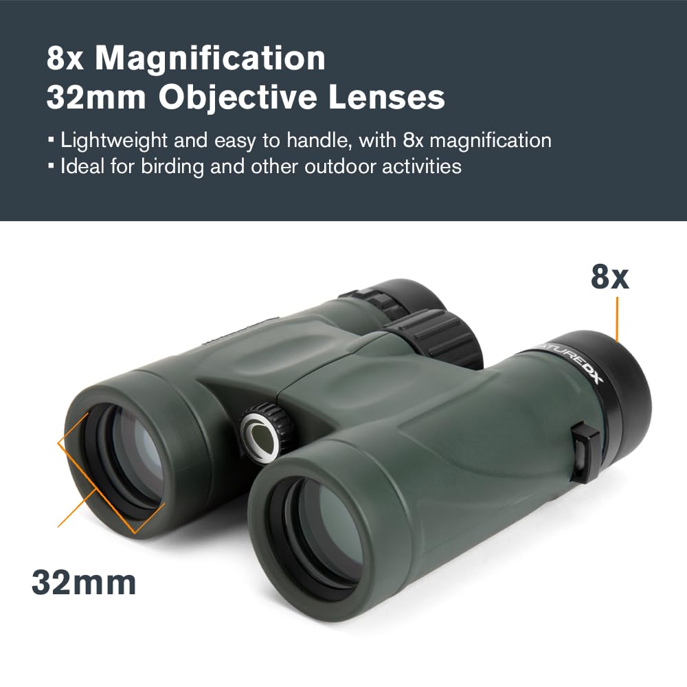 Celestron - Nature DX 8x32 Binoculars – Ideal for Birding and Outdoors – 32mm Objective Lenses – Wide 7.4° Field of View – BaK-4 Prisms – Fully Multi-Coated – Waterproof and Fogproof