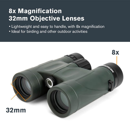 Celestron - Nature DX 8x32 Binoculars – Ideal for Birding and Outdoors – 32mm Objective Lenses – Wide 7.4° Field of View – BaK-4 Prisms – Fully Multi-Coated – Waterproof and Fogproof