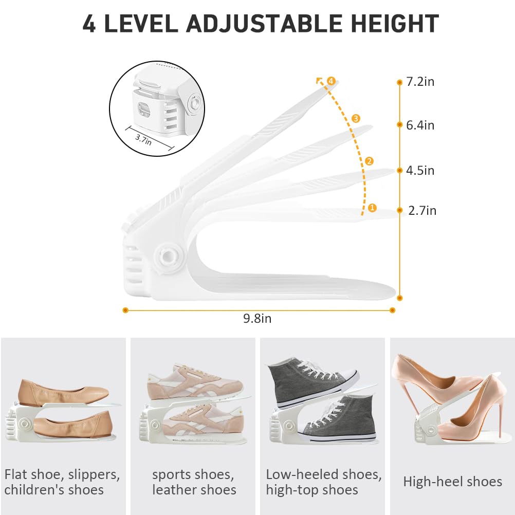 Shoe Organizer 36 Pack - Shoe Stackers, Space Savers 50%, 4 Levels Adjustable Rack, White