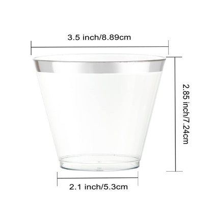 WELLIFE 200pcs Silver Cups, 9OZ Clear Plastic Cups,Plastic Wine Glasses Disposable,Cocktail Glasses for Party and Weddings