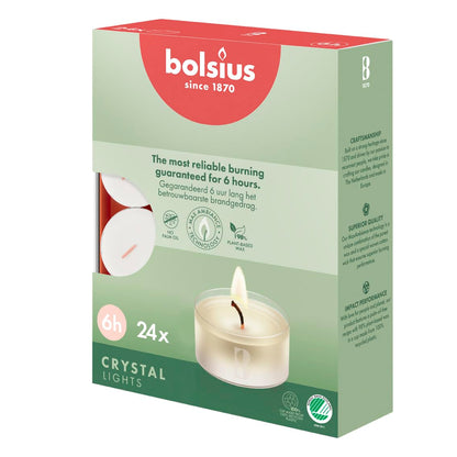 Bolsius Tealight Candles - Clear Cup - White - Box of 24 Transparent Tealights - Long Burning Time of 6 Hours - Unscented - Smokeless - Includes Natural Vegan Wax - No Palm Oil, Packaging May Vary