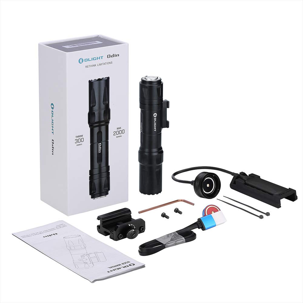 OLIGHT Odin 2000 Lumens Picatinny Rail Mounted Rechargeable Tactical Flashlight with Remote Pressure Switch, 300 Meters Beam Distance, Powered by Battery(Black)