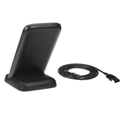 Amazon Basics 10W Qi Certified Wireless Charging Stand for Phone 16/15/14/13/12/11/X, Samsung, and More, with USB Cable, Black (No AC Adapter)