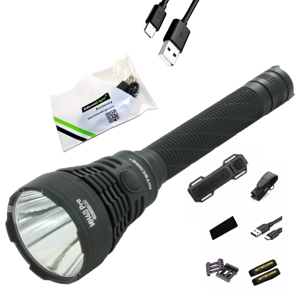 EdisonBright Nitecore MH40 Pro 3500 Lumen Long Throw ong Run-time Flashlight with USB-C Rechargeable Battery, Wireless Pressure Switch with EBR Charging Cable