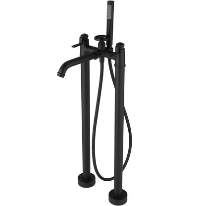 BWE Floor Mount Freestanding Bathtub Faucets Black Solid Brass Single Handle Modern Bathroom Tub Filler High Flow Rate with Handheld Shower Mixer Tap