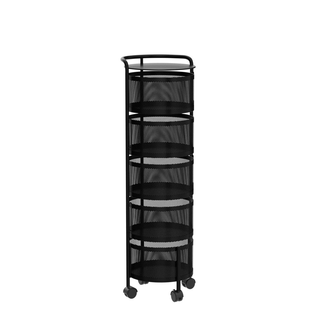 JAQ No Assembly 5-Tier Kitchen Storage Cart with Wheels, Rotating Produce Organizer for Onion, Potato & Vegetable Storage, Large Capacity Pantry Storage Rack, Black
