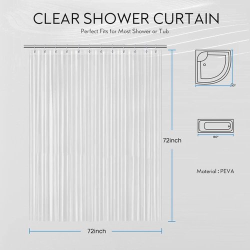 FGY Shower Curtain Liner - 72" x 72" Clear PEVA Plastic with 12 Metal Grommets for Bathroom