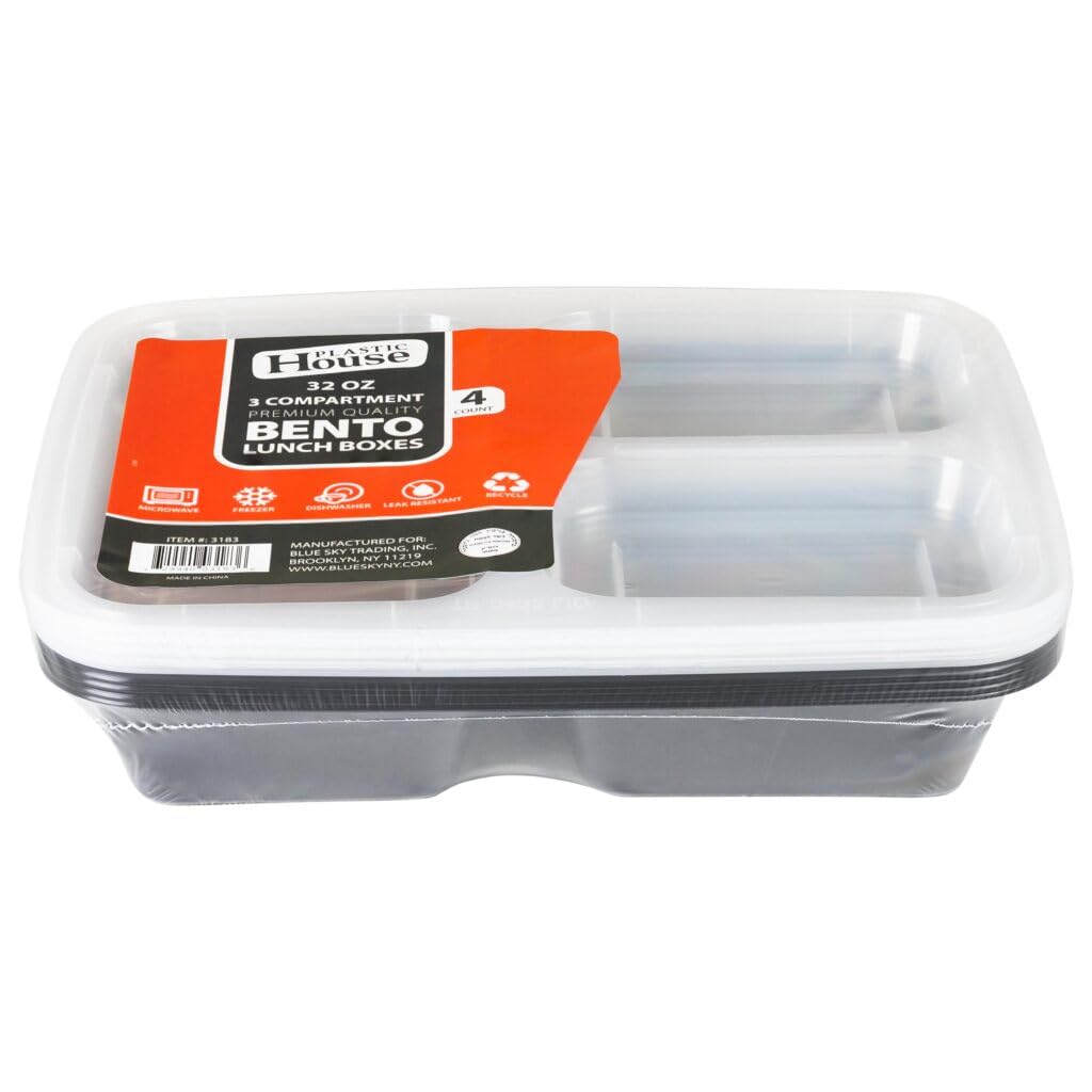 3 Compartment Bento Lunch Boxes - 32 oz, Plastic - Case of 96 - For Meal Prep, Lunches & Takeout