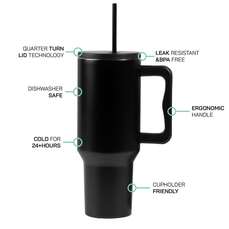 KBOTTLE Modern 40 oz Trek Tumbler with Handle and Straw Lid | Cup Holder Friendly Insulated Stainless Steel Travel Mug (Black)